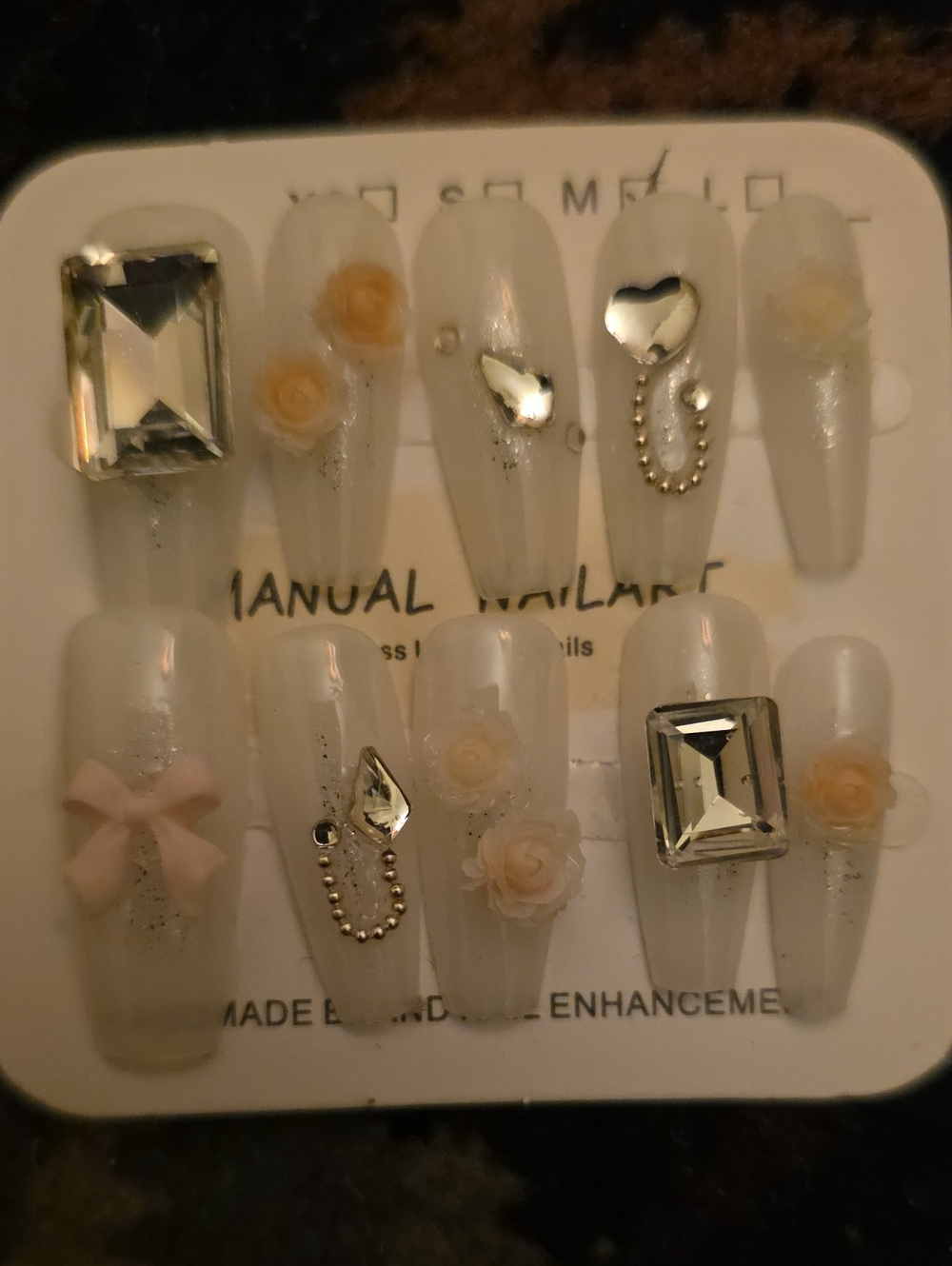 Elegant White Pearl Press-On Nails with Pink Rose & Silver Gems Size Med